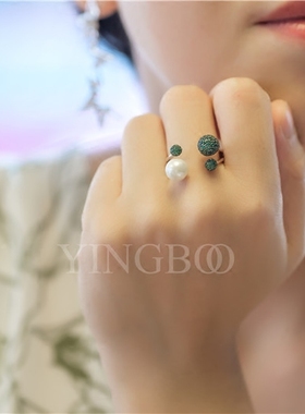 绿色锆钻圆球珍珠开口纯银戒指