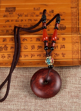 复古棉麻桃木平安玛瑙珠中长项链