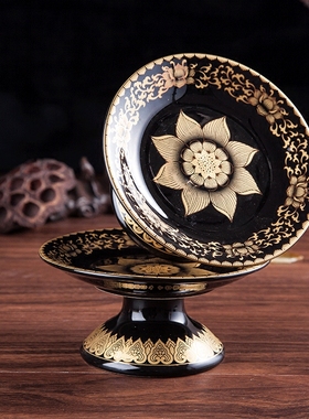 中成果盘唐彩供碗黑色莲花