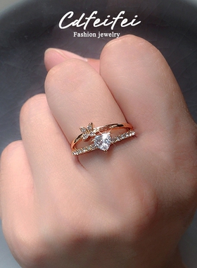 戒指日韩饰品双层锆石心形学生