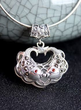 石榴石白玉髓如意长命锁双鱼泰银