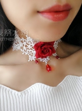 『蔷薇血滴』唯美洛丽塔浪漫圣诞红玫瑰新娘婚礼白色镂空宽蕾丝项