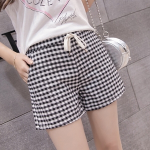 织奢新款棉麻休闲格子短裤