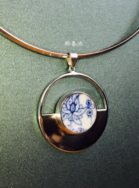 古瓷首饰官窑手工花丝镶嵌银吊坠