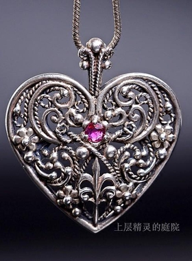 SOLD 庭院西洋古董VTG首饰 FM签署红宝石爱心藤蔓花卉吊坠∮项链