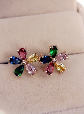 五彩花朵锆石甜美清新925银耳钉