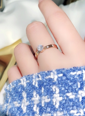 韩国钛钢玫瑰金戒指女大锆石