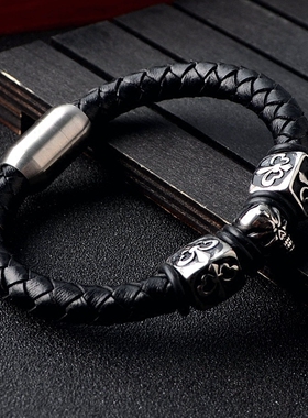 潮牌骷髅头牛皮手链潮