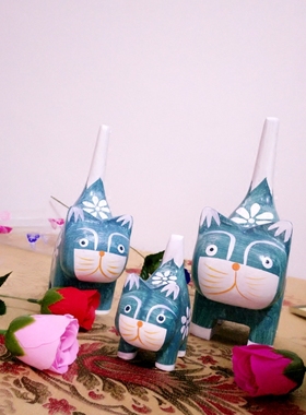 包邮隔板木质可爱风小猫钓鱼摆件