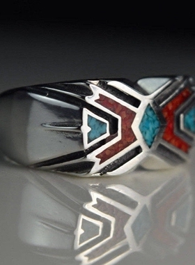 部落绿松石镶嵌嵌入X形戒指纯银