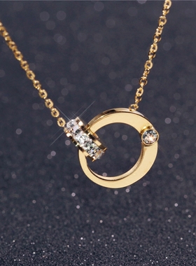 双环相扣玫瑰金钛钢镀18k锁骨链