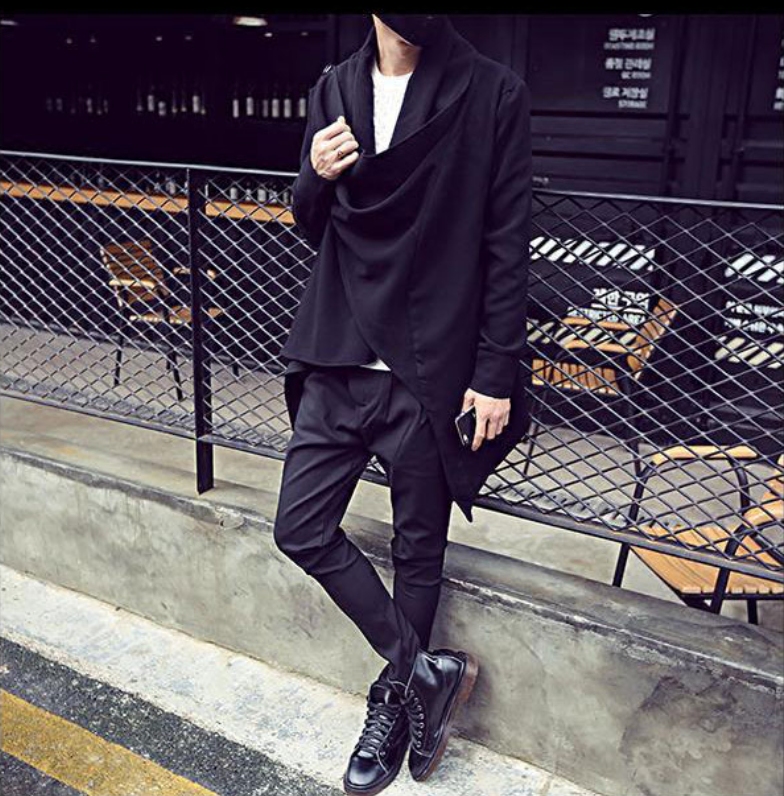 新款韩版发型师潮男长袖卫衣权志龙中长款风衣系扣开衫两穿外套