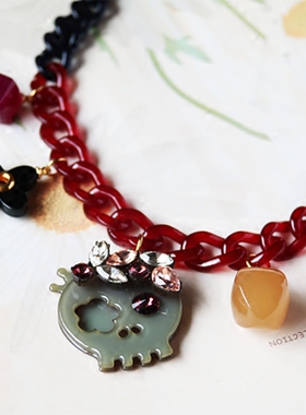 韩国进口骷髅头宝石四叶草脖链