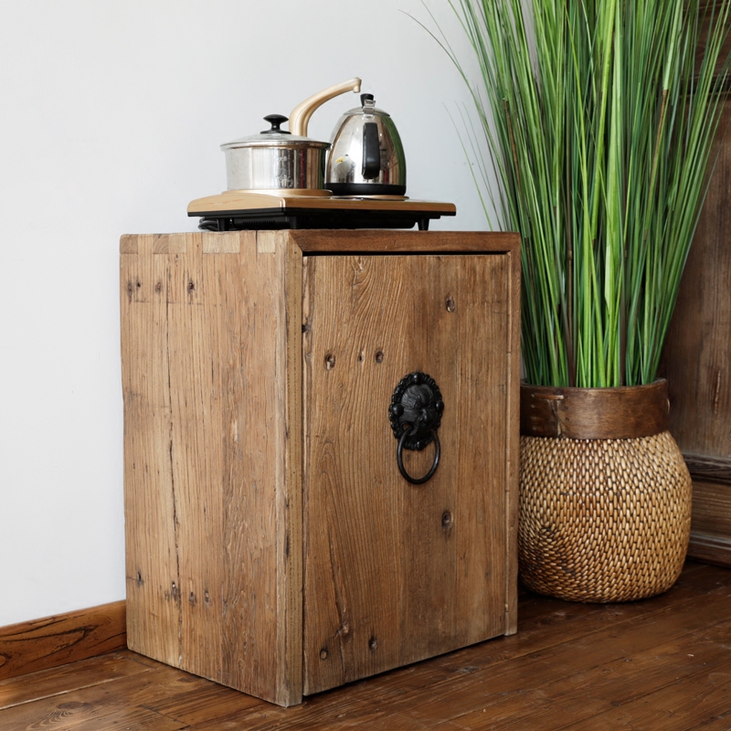 古朴实木茶水柜简约现代原木小餐边收纳台架新中式家具老榆木角柜 - 图1