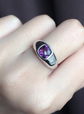 天然紫水晶戒指女 小肥珠宝925银镶紫色宝石方形简约活口潮人指环