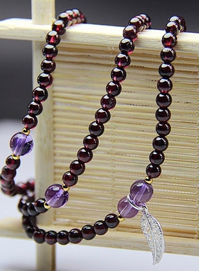 酒红石榴石佛珠生日纯银多圈手串