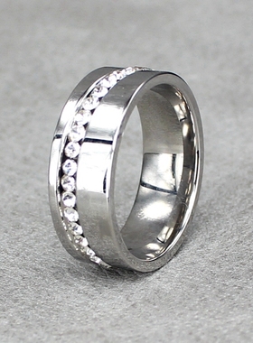 欧美风宽面钛钢镶钻可刻字戒指