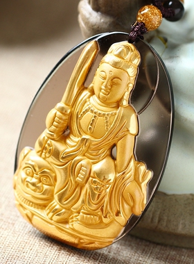 镀金冰种黑曜石文殊菩萨属兔吊坠