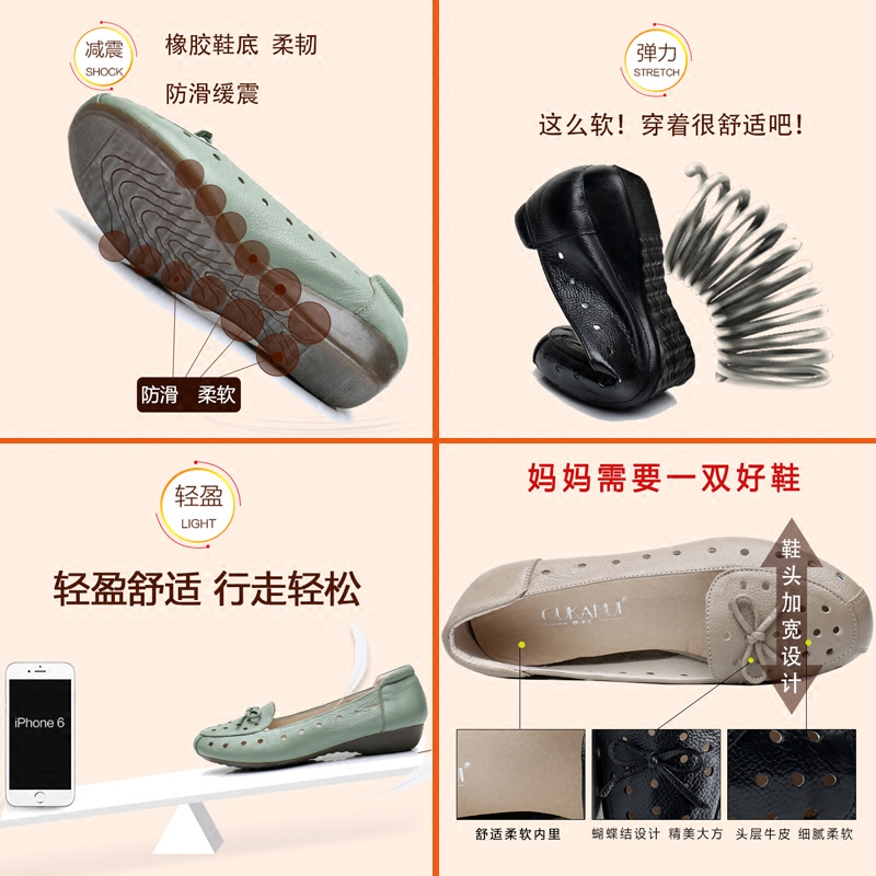 欧卡汇旗舰店闰月妈妈鞋凉鞋女士夏季平底真皮软底中老年人复古女鞋镂空洞洞鞋3