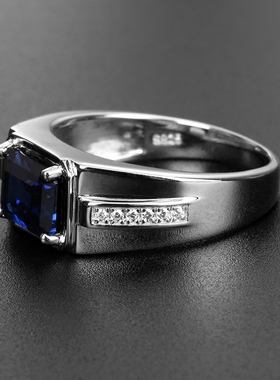 轻奢蓝宝石纯银男戒指免费刻字