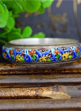 蜜蜂花朵珐琅景泰蓝纯足银手镯