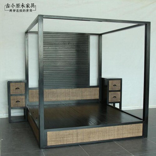 东南亚风格榆木架子床古今原木BD202可定制新中式实木帷幔四柱床 - 图1
