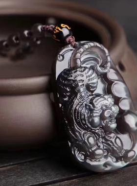 天然冰种黑曜石下山虎吊坠