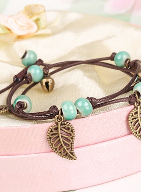 叶子铃铛陶瓷脚链森系女本命年红