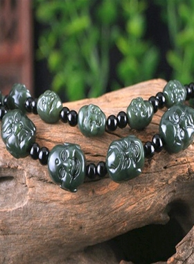 和田青玉手链男士款玉石手串双面佛头手链