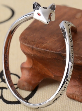 古法开口藏银九尾狐手镯女士狐狸