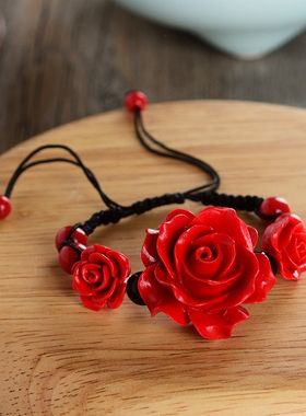 紫艺朱砂红漆雕大玫瑰女甜美手链