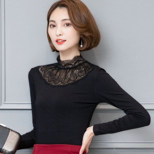 春秋季女装内搭半高领莫代尔打底衫长袖立领t恤修身蕾丝小衫秋衣 - 图1