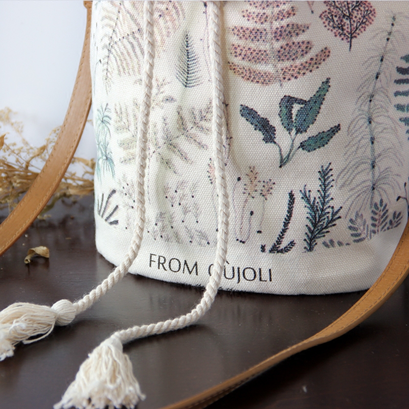 Oujoli吾尤粒B0153清新植物系印花可爱水桶包帆布女生小包斜挎包,淘宝优惠券,粉丝福利购,淘宝优惠卷