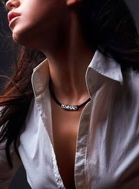 纯银祥云路路通编织黑色皮绳项链