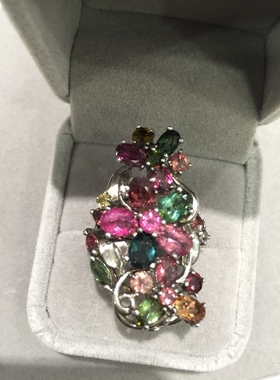 活扣碧玺纯银镀金镶嵌花朵戒指