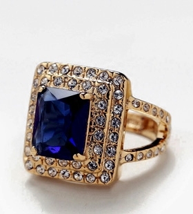 黄金色椭圆形大气蓝钻戒指情侣