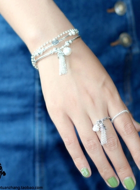 纯银双层多圈弹力韩国流苏手链