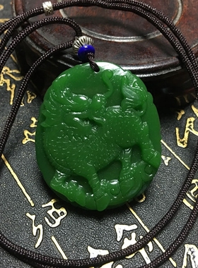 台湾菠菜绿麒麟证书吊坠送子玉佩
