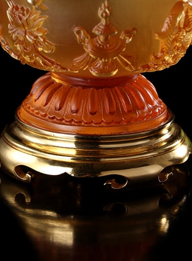 纯铜镶琉璃八吉祥供杯水晶供水碗