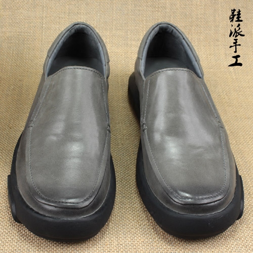 男鞋夏天透氣 休閒鞋頭層真牛皮手工日常男士皮鞋一腳蹬圓頭灰色