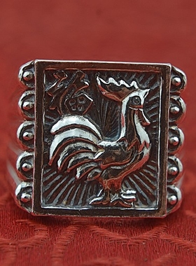 生肖鸡999纯银霸气男士手工戒指