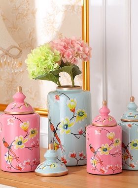美式乡村风花鸟陶瓷罐软装工艺品