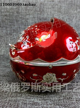 Z8俄罗斯银锡金属烟灰缸圆球形银边红色爱心玫瑰礼盒大号厚重新款