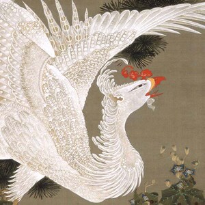 日式挂画伊藤若冲白凤凰Phoenix吉祥竖版有框装饰画玄关油画布