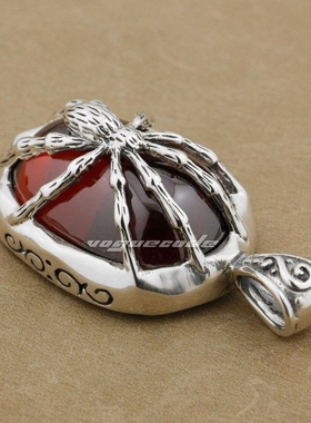 红色925纯银骷髅头蜘蛛动物吊坠