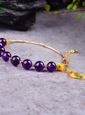 蜜蜡树叶配饰天然水晶手链