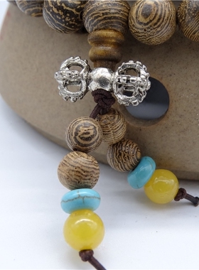 天然鸡翅木蜜蜡绿松石手串