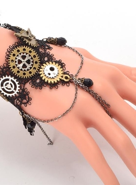 蒸汽朋克流苏齿轮黑色蕾丝手链