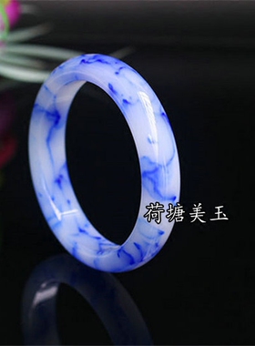 玉手镯新疆和田玉戈壁玉金丝玉镯子青花瓷飘花玉镯蓝色花纹正品女