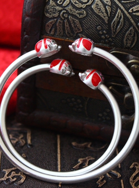 990足银可爱招财猫手镯纯银磨砂面红色烤漆宝宝镯子热卖吉祥礼物